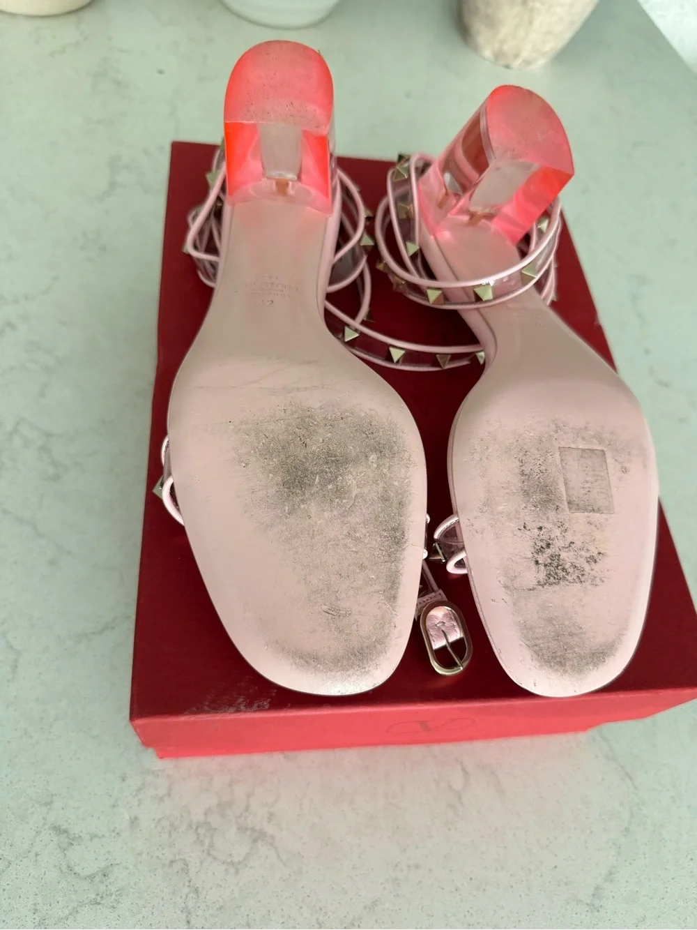 Valentino Garavani Pale Pink Leather Rockstud Ankle-Strap Sandals